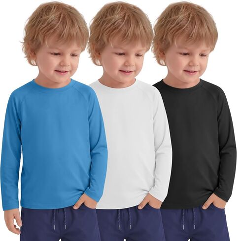 Halfchet 3 Pack Toddler Boy Rash Guard UPF 50+ | Long Sleeve Swim Shirts, Sun Protection, Quick Dry, Baby Rashguard, Swimwear, Surf Tops, Moisture-wicking, UV Protection in Kuwait