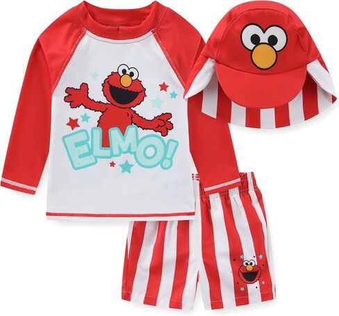Sesame Street Elmo Baby Boys UPF 50+ Rash Guard Swim Trunks and Sun Hat 3 Piece Bathing Suit Set for Infants to Toddler in Kuwait