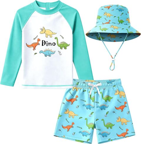Baby Boys Toddler Long Sleeve Rashguard and Swim Trunks, 3 Piece Swimsuit with Sun Hat Bathing Suit Swimwear for Beach Pool in Kuwait