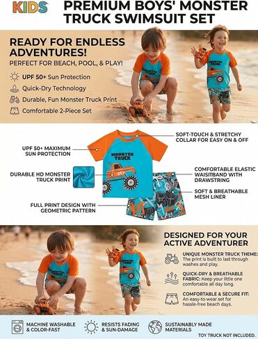 Toddler Boys 2 Piece Swimsuit, Cartoon Excavator Print Trendy Cute Bathing Suit for Little Kids Boys Swimwear in Kuwait
