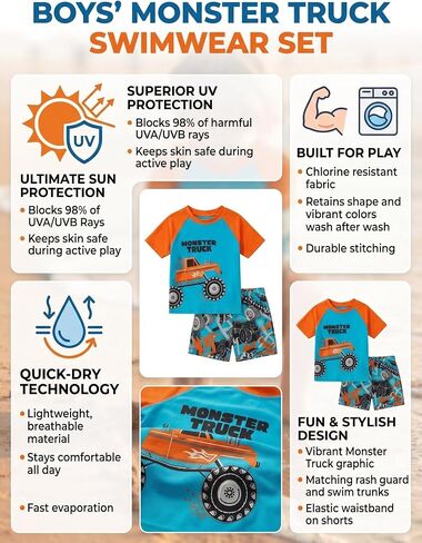 Toddler Boys 2 Piece Swimsuit, Cartoon Excavator Print Trendy Cute Bathing Suit for Little Kids Boys Swimwear in Kuwait