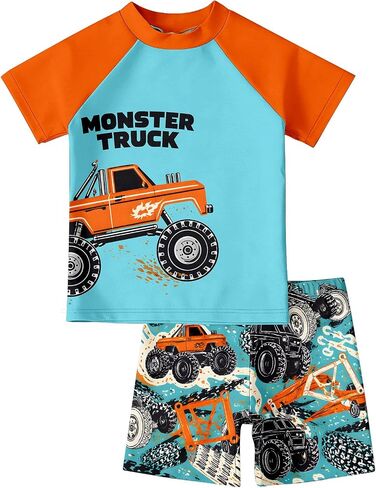 Toddler Boys 2 Piece Swimsuit, Cartoon Excavator Print Trendy Cute Bathing Suit for Little Kids Boys Swimwear in Kuwait