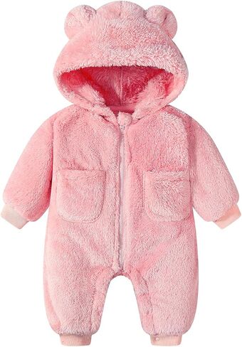 Toddler Winter Coat Baby Snowsuits Fleece Jacket Outerwear Clothes | Girl Bear Hoodie Boy Onesie High Quality Thick Polyester Fabric Zipper Elastic Cuffs Ankles Pocket Convenient Changing Diaper in Kuwait