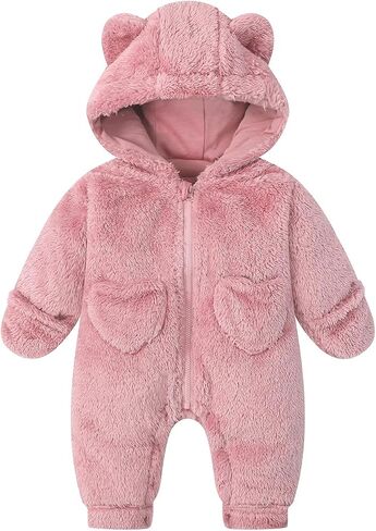 Toddler Winter Snow Suits Baby Snowsuits Infant Fleece Newborn Clothes | Girl Boy High-Quality Polyester Zipper Thicken Soft Warmth Pocket Bears Snaps Fold-Over Mittens 0-12 Months Black Pink Blue in Kuwait