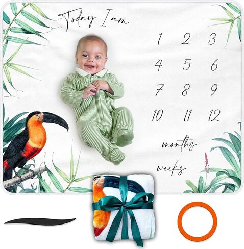Baby Milestone Blanket for Boys & Gilrs, 40x50 inch Soft Fleece Monthly Milestone Blanket with 2 Markers & Green Ribbon in Kuwait
