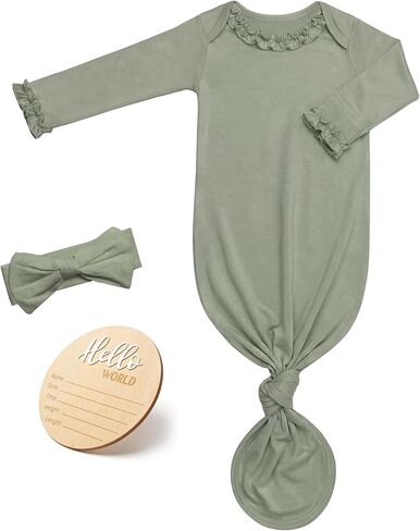 Newborn Knotted Gown for Baby Girls with Ruffle Neck & Sleeves, Newborn Sleepers Outfit with Bow Headband & Announcement Sign in Kuwait