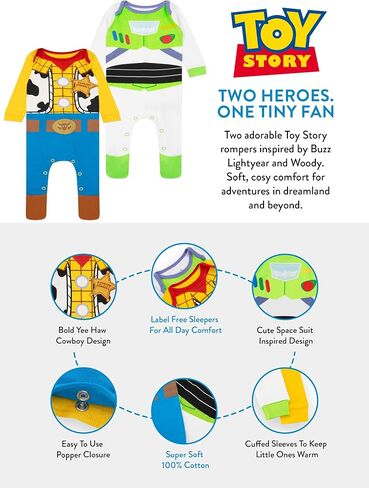 Disney Toy Story Baby Sleepers 2 Pack, Woody And Buzz Lightyear Baby Sleep And Play, Newborn Footie Pajamas 3-6M Multicolor in Kuwait