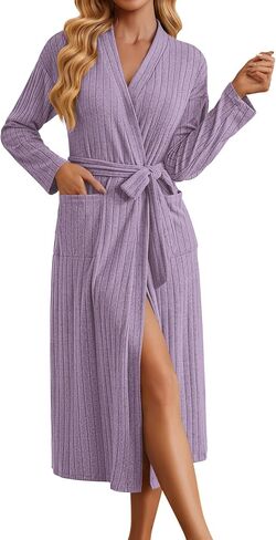 Ekouaer Womens Robes Long Ribbed Knit Bathrobe Kimono Robe Lightweight Soft Sleepwear Casual Ladies Loungewear with Pockets in Kuwait