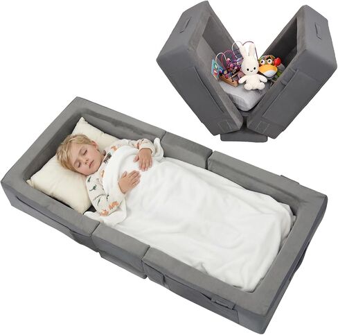 ENITYA Portable Toddler Travel Bed with Soft Foam Safety Rails | Foldable Floor Bed for Kids Ages 25 Months to 48 Months, No Assembly, Washable Cover,Compact for Travel & Home Use,Grey in Kuwait