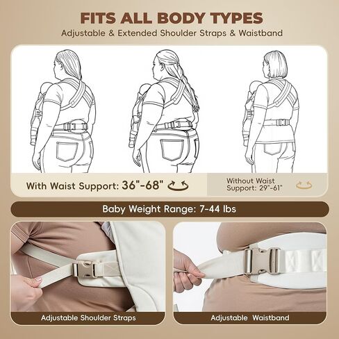 Tivellary Plus-Size Baby Carrier with Lumbar Support | Extended Shoulder & Waist Straps, Fits Waist Up to 68", Linen-Touch, Ergonomic M Position, Newborn to Toddler (7–44 lbs) in Kuwait