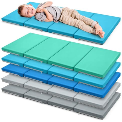 1 Pcs Nap Mats for Preschool 1.37" Thick 47x24 Kindergarten Mat for Kids | Folding Rest Mat 4 Section Sleeping Pad for Kids Daycare Nap School Classroom Kindergarten Daycare Travel Home Blue Green in Kuwait