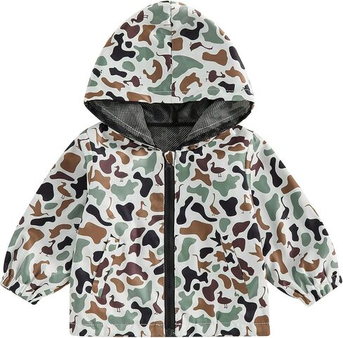 Toddler Boys Windbreaker Jacket Lightweight Zip Up Hooded Rain Coat | Camo Duck Hunting Jacket, Zipper Hooded Outerwear, Long Sleeve Raincoat, Kids Camouflage Rain Coat, Spring Fall Clothes in Kuwait