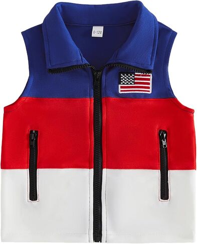 Toddler Baby Boy 4th of July Outfit American Flag Sleeveless Blue Red White Vest Zip Up Sweatshirt Jacket Cardigan in Kuwait