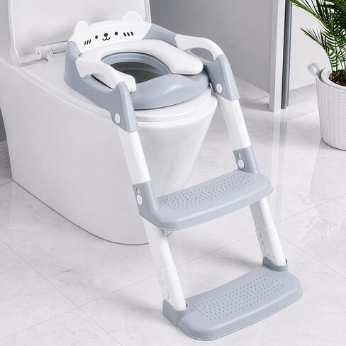 Orzbow Potty Training Seat with Step Stool, Adjustable Height, Anti-Slip | Safety Handles, Comfortable Seat Cushion, Splash Guard for Toddler Boys and Girls, Fits Most Toilets, Foldable Storage, Gray in Kuwait