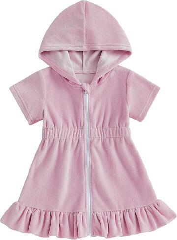 Nituyy Toddler Baby Girls Swim Cover Up Terry Cloth Hooded Ruffled Bathing Suit Cover Up Zipper Elastic Waist Beach Cover-Up in Kuwait