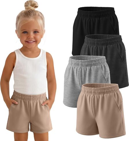 Yooo's Vivi 4 Pack Toddler Girls Sweat Shorts Baby Elastic Waist Summer Pull on Infant Shorts with Pockets 18M-5T in Kuwait