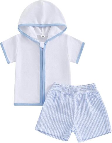 Toddler Baby Boy Girl Swim Cover Up Towel Terry Zipper Hooded Tops Seersucker Gingham Shorts Set Bathing Suit Coverup Summer in Kuwait