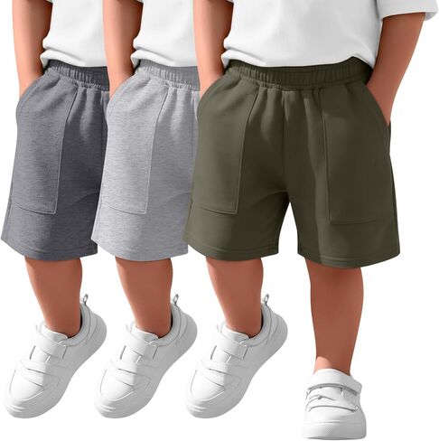 Yooo's Vivi 3 Pack Toddler Boys' Shorts Athletic Basketball Pull on Elastic Waist Active Summer Shorts with Pockets for Baby in Kuwait