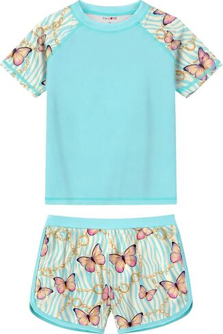 weVSwe UPF 50+ Girls Swimsuit, Short Sleeve Sun Protection Rash Guard, Two Pieces Quick Dry Swimwear Beachwear 2-14 Years in Kuwait
