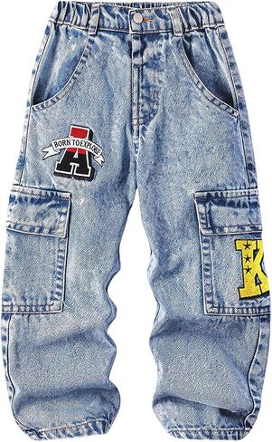 WDIRARA Toddler Boy's Cargo Jeans Straight Leg Baggy Denim Pants Streetwear in Kuwait