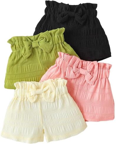 Baby Girl Shorts 4-Pack Soft Ruffled Elastic Waist Summer Shorts with Bow for 0-24 Months Toddler Infant Clothing in Kuwait
