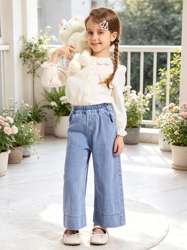 Miipat Toddler Girls Wide Leg Jeans Elastic Waist Baggy Jeans Y2K Denim Pants with Pockets in Saudi Arabia