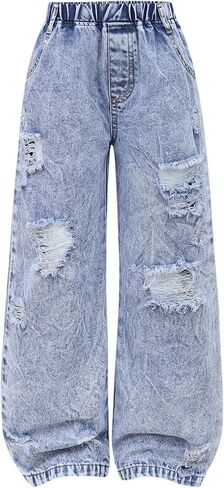 OYOANGLE Toddler Girl's Ripped Jeans Elastic Waist Baggy Wide Leg Denim Pants with Pockets Streetwear in Kuwait