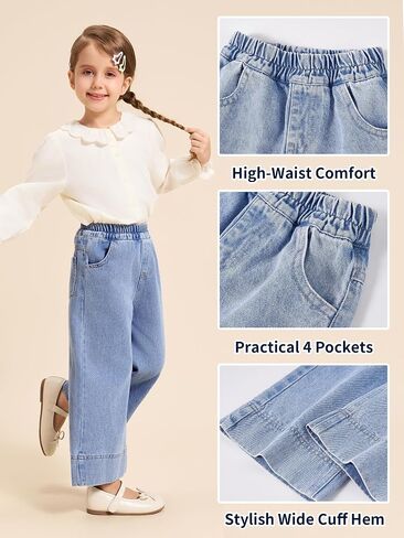 Miipat Toddler Girls Wide Leg Jeans Elastic Waist Baggy Jeans Y2K Denim Pants with Pockets in Saudi Arabia