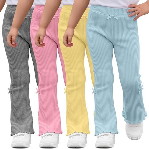 Halfchet 4 Pack Toddler Girls' Flare Pants | 18M-5T, Cotton, Ribbed, Baby, Bell, Bottoms, Ruffle, Bow, Infant, Casual, Bootcut, Leggings, Cute, Warm, Soft, 4 Colors in Kuwait