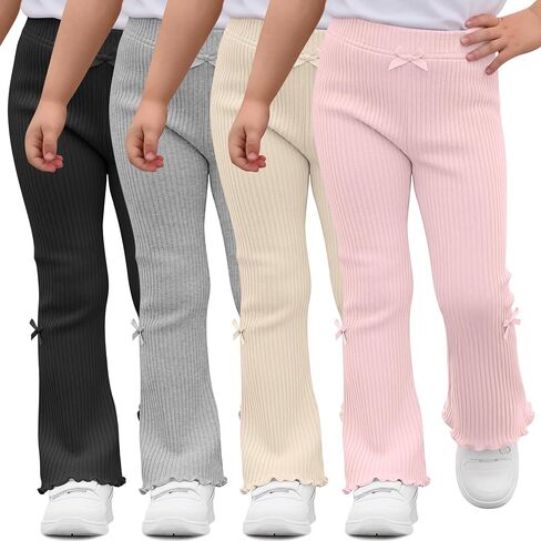 Halfchet 4 Pack Toddler Girls' Flare Pants | 18M-5T, Cotton, Ribbed, Baby, Bell, Bottoms, Ruffle, Bow, Infant, Casual, Bootcut, Leggings, Cute, Warm, Soft, 4 Colors in Kuwait