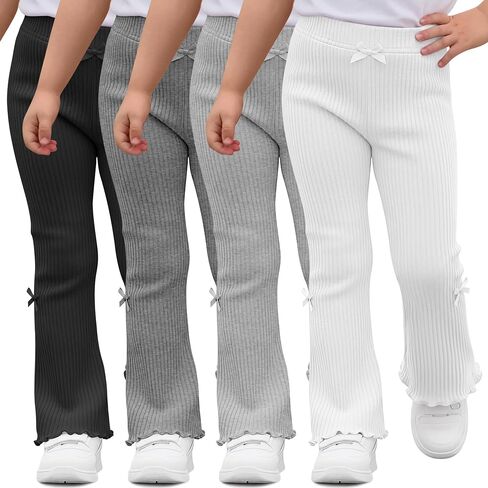 Halfchet 4 Pack Toddler Girls' Flare Pants | 18M-5T, Cotton, Ribbed, Baby, Bell, Bottoms, Ruffle, Bow, Infant, Casual, Bootcut, Leggings, Cute, Warm, Soft, 4 Colors in Kuwait