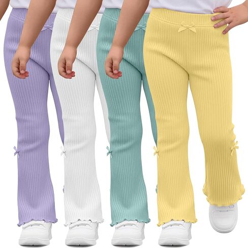 Halfchet 4 Pack Toddler Girls' Flare Pants | 18M-5T, Cotton, Ribbed, Baby, Bell, Bottoms, Ruffle, Bow, Infant, Casual, Bootcut, Leggings, Cute, Warm, Soft, 4 Colors in Kuwait