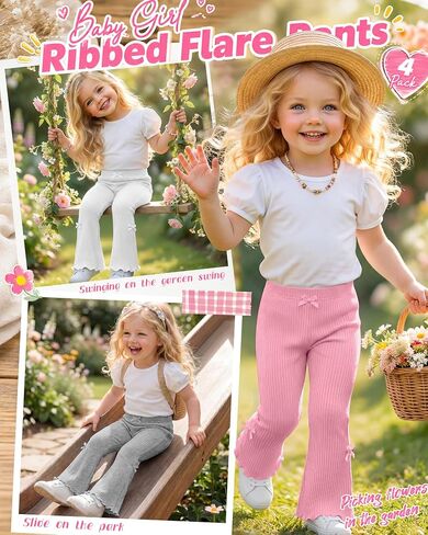 Halfchet 4 Pack Toddler Girls' Flare Pants | 18M-5T, Cotton, Ribbed, Baby, Bell, Bottoms, Ruffle, Bow, Infant, Casual, Bootcut, Leggings, Cute, Warm, Soft, 4 Colors in Kuwait