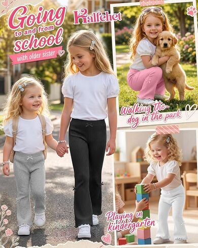 Halfchet 4 Pack Toddler Girls' Flare Pants | 18M-5T, Cotton, Ribbed, Baby, Bell, Bottoms, Ruffle, Bow, Infant, Casual, Bootcut, Leggings, Cute, Warm, Soft, 4 Colors in Kuwait