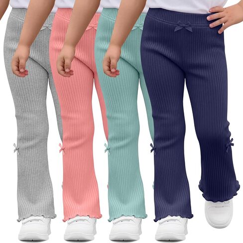 Halfchet 4 Pack Toddler Girls' Flare Pants | 18M-5T, Cotton, Ribbed, Baby, Bell, Bottoms, Ruffle, Bow, Infant, Casual, Bootcut, Leggings, Cute, Warm, Soft, 4 Colors in Kuwait