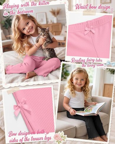 Halfchet 4 Pack Toddler Girls' Flare Pants | 18M-5T, Cotton, Ribbed, Baby, Bell, Bottoms, Ruffle, Bow, Infant, Casual, Bootcut, Leggings, Cute, Warm, Soft, 4 Colors in Kuwait