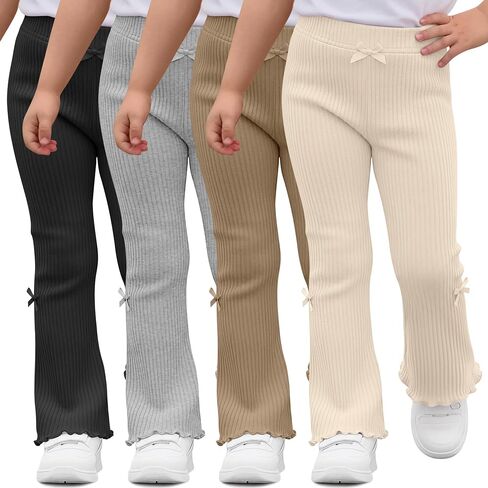 Halfchet 4 Pack Toddler Girls' Flare Pants | 18M-5T, Cotton, Ribbed, Baby, Bell, Bottoms, Ruffle, Bow, Infant, Casual, Bootcut, Leggings, Cute, Warm, Soft, 4 Colors in Kuwait