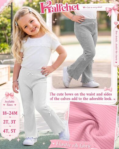 Halfchet 4 Pack Toddler Girls' Flare Pants | 18M-5T, Cotton, Ribbed, Baby, Bell, Bottoms, Ruffle, Bow, Infant, Casual, Bootcut, Leggings, Cute, Warm, Soft, 4 Colors in Kuwait
