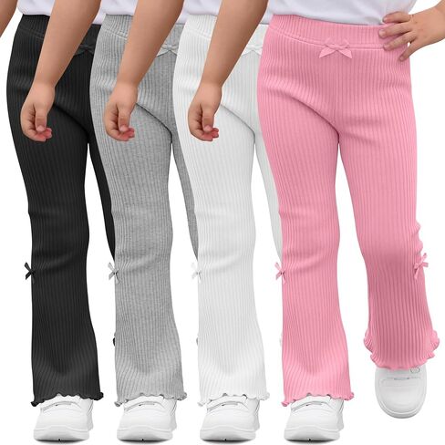 Halfchet 4 Pack Toddler Girls' Flare Pants | 18M-5T, Cotton, Ribbed, Baby, Bell, Bottoms, Ruffle, Bow, Infant, Casual, Bootcut, Leggings, Cute, Warm, Soft, 4 Colors in Kuwait