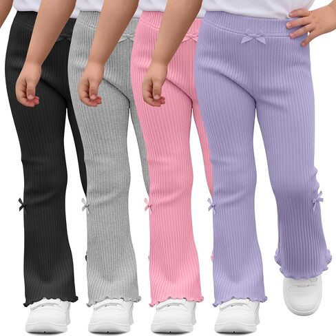 Halfchet 4 Pack Toddler Girls' Flare Pants | 18M-5T, Cotton, Ribbed, Baby, Bell, Bottoms, Ruffle, Bow, Infant, Casual, Bootcut, Leggings, Cute, Warm, Soft, 4 Colors in Kuwait