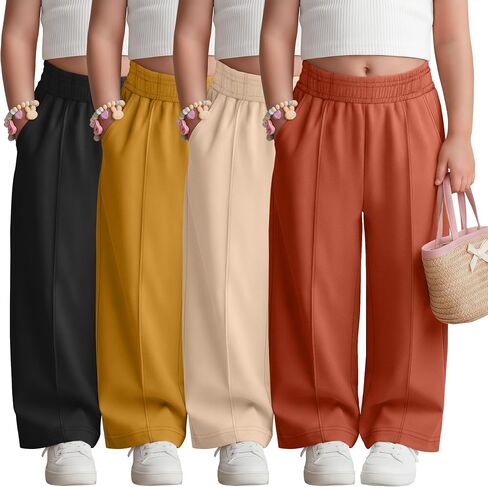 4 Pack Toddler Girls Wide Leg Pants Front Seam Baggy Cotton Sweatpants Baby Girls Active Back to School Trousers in Kuwait