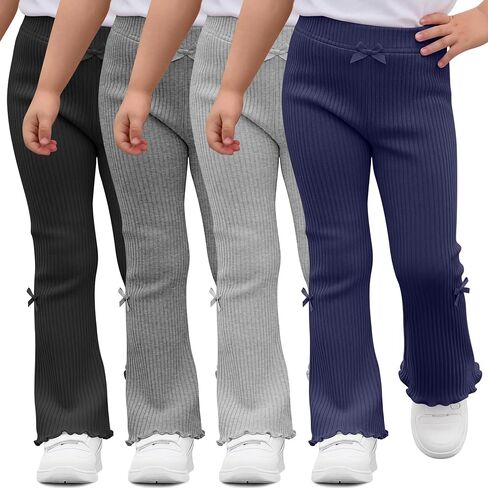 Halfchet 4 Pack Toddler Girls' Flare Pants | 18M-5T, Cotton, Ribbed, Baby, Bell, Bottoms, Ruffle, Bow, Infant, Casual, Bootcut, Leggings, Cute, Warm, Soft, 4 Colors in Kuwait
