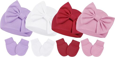 Century Star Newborn Baby Girl Hats and Mittens Set, Hospital Hat, Bow Beanie Infant Gift, Soft Cotton Gloves for 0-6 Months in Kuwait