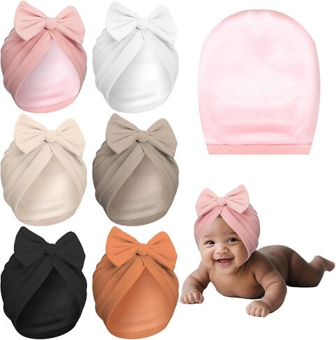 6 Pcs Newborn Satin Bonnet for Infant Toddler Silky Satin Lined Stretchy Baby Turban Hats with Bow for 0-6 Months in Kuwait