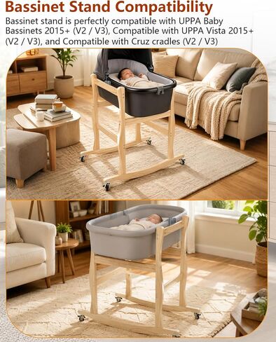 Bassinet Stand, Movable and Rocking Wooden Bassinet Stand Compatible with Uppababy Cribs, Providing Your Little with A Comfortable, Stable, and Movable Bassinet Holder in Kuwait