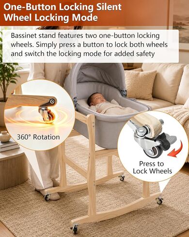 Bassinet Stand, Movable and Rocking Wooden Bassinet Stand Compatible with Uppababy Cribs, Providing Your Little with A Comfortable, Stable, and Movable Bassinet Holder in Kuwait