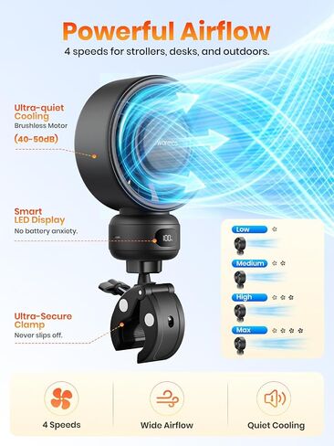 Warmco Portable Stroller Fan, 4000mAh Rechargeable Clip On Fan for Baby | Secure Clamp, Up to 15H Runtime, Protective Grille, Quiet, 360° Rotatable, Removable Cover, LED Display in Kuwait