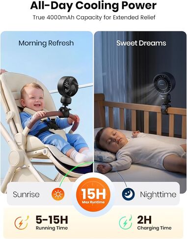Warmco Portable Stroller Fan, 4000mAh Rechargeable Clip On Fan for Baby | Secure Clamp, Up to 15H Runtime, Protective Grille, Quiet, 360° Rotatable, Removable Cover, LED Display in Kuwait