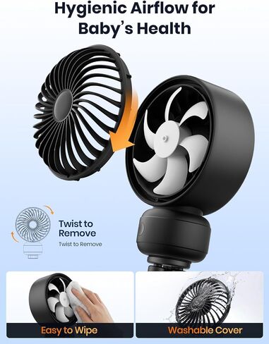 Warmco Portable Stroller Fan, 4000mAh Rechargeable Clip On Fan for Baby | Secure Clamp, Up to 15H Runtime, Protective Grille, Quiet, 360° Rotatable, Removable Cover, LED Display in Kuwait