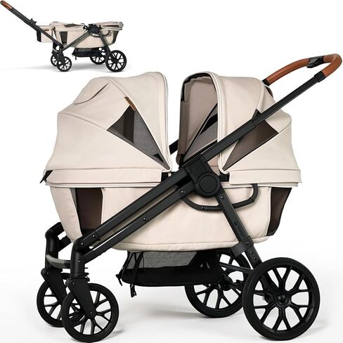 Wagon Stroller for 2 Kids, Foldable All-Terrain Stroller Wagon with Removable UV-Protection Canopy, Adjustable Push/Pull Handle, Snack Tray, Cup Holders & Storage Basket for Baby and Toddler（Khaki） in Kuwait